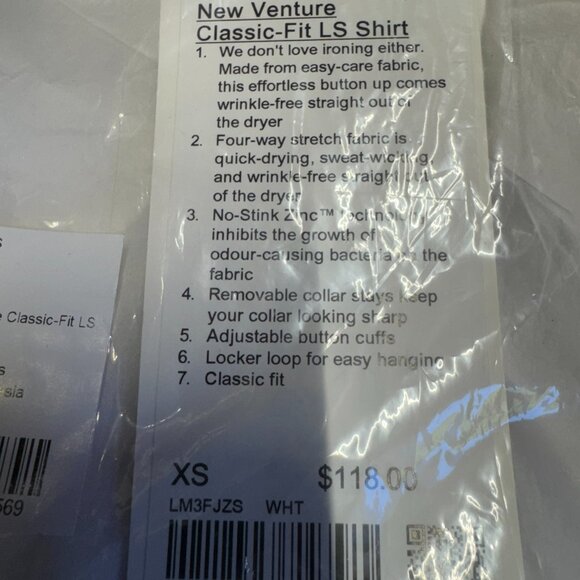 BNWT Lululemon New Venture Long-Sleeve Shirt Classic-Fit, White, XS - Picture 4 of 6